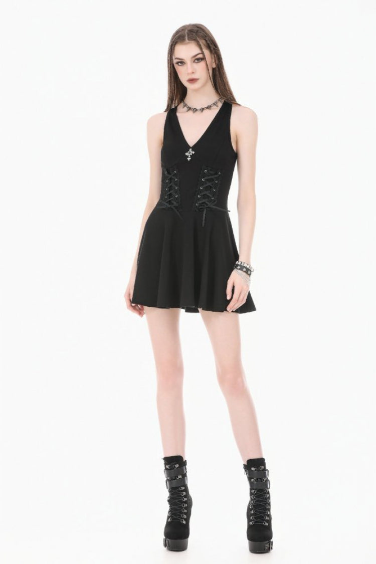 Women's Gothic Short Dress with Plunging Neck, Side Corset and Cross Lace-Up