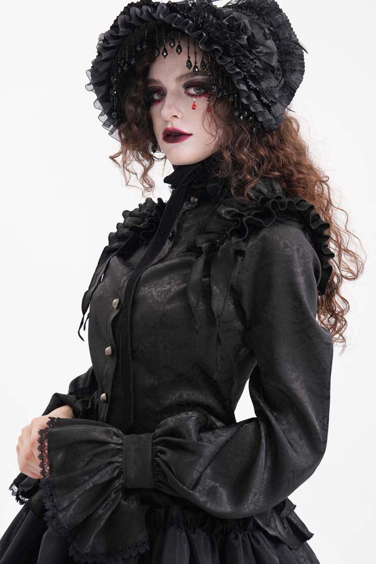 Women's Gothic Blouse with Ruffle Lace and Print, Long-Sleeve Victorian Style