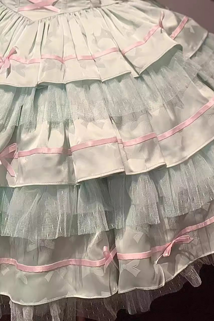 Emerald Triple Ruffle Bow Lace Fishbone Sweet Ballet Lolita Jumper with Shirt