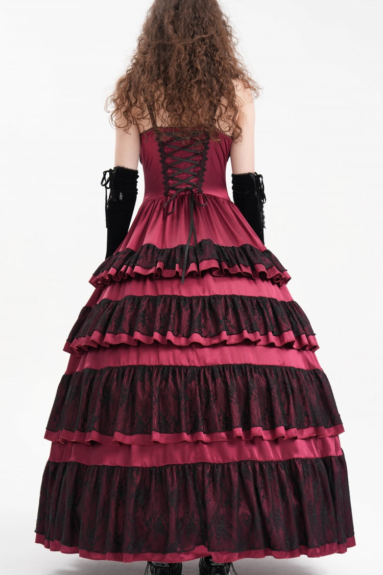Crimson Gothic Dress with Multi-Tiered Ruffles and Lace-Up Mesh