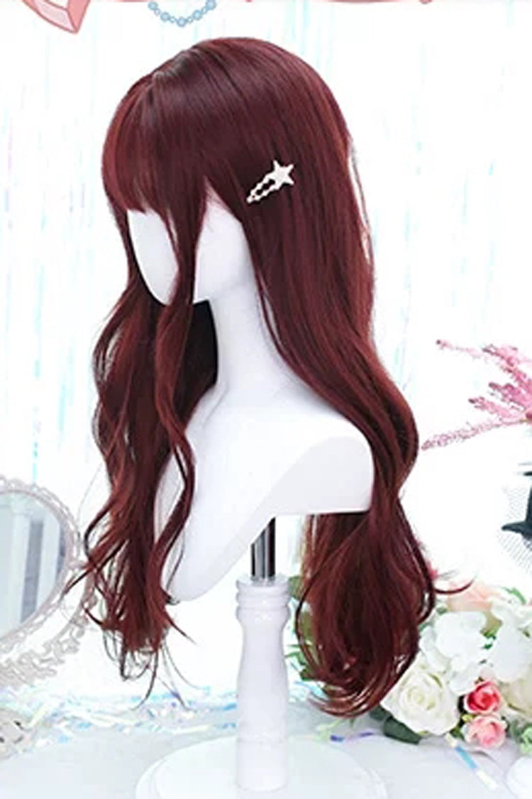 Sweet Gothic Lolita Wig - Long Curly with Soft Air Bangs - Crimson Red