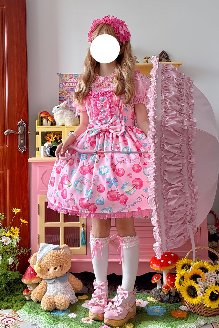 Cherry Sweet Ice Print Ruffle Bow Lace Lolita JSK