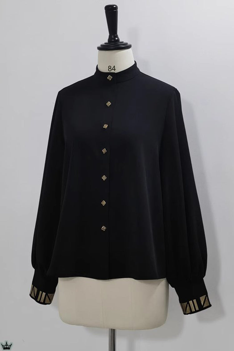 Long Sleeve Embroidered Ouji Gothic Blouse - Black Cat