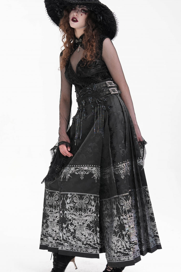 Ink-Black Embroidered Fringe Buckle-Trimmed Maxi Skirt
