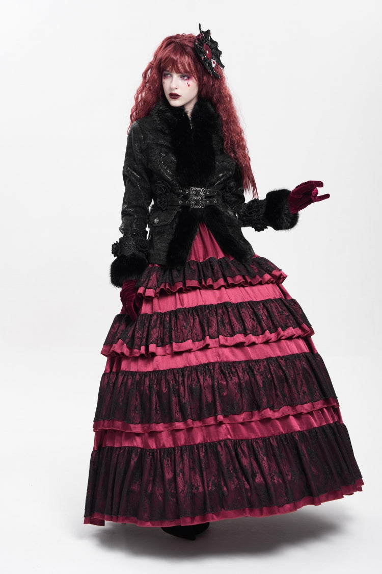 Victorian Gothic Coat with Rose Floral Embroidery and Buckle Straps, Long Sleeve