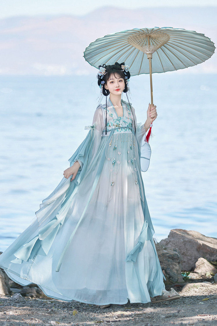 High-Waisted Embroidered Lace Hanfu Full Ensemble - Blue Ocean
