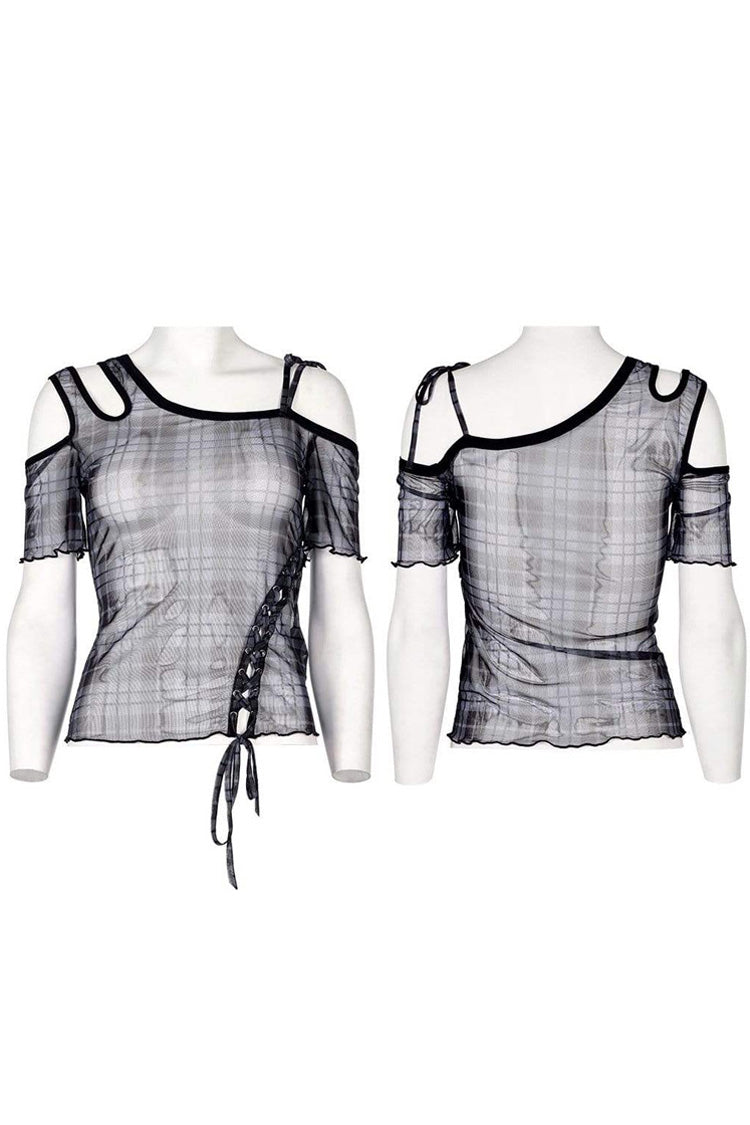 Women's Punk T-Shirt with Asymmetrical Cutout Neckline, Strap Design, Plaid Mesh