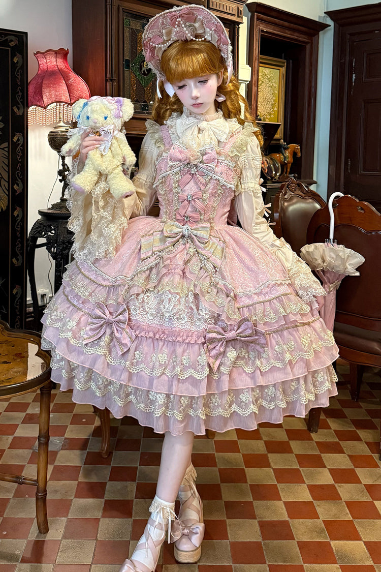 Pink Gem Crown Triple Ruffle Bow Lace Elegant Lolita JSK