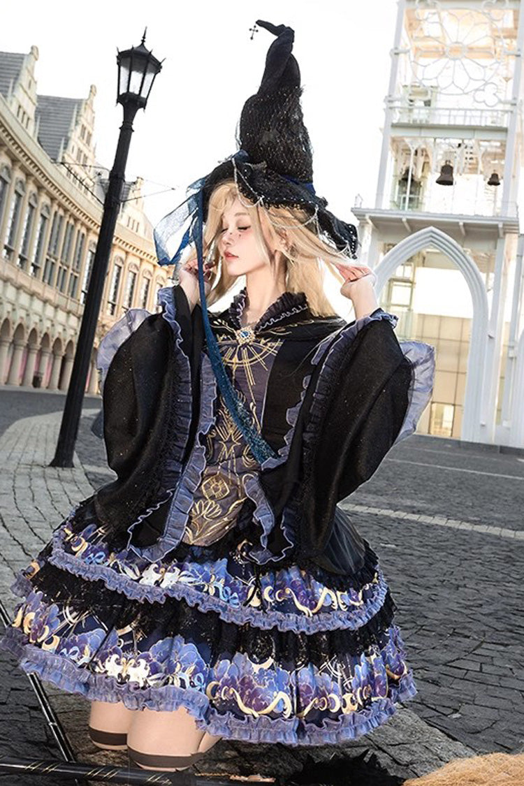 Double-Layered Print Ruffle Lace Gothic Dress - Astrology Cat