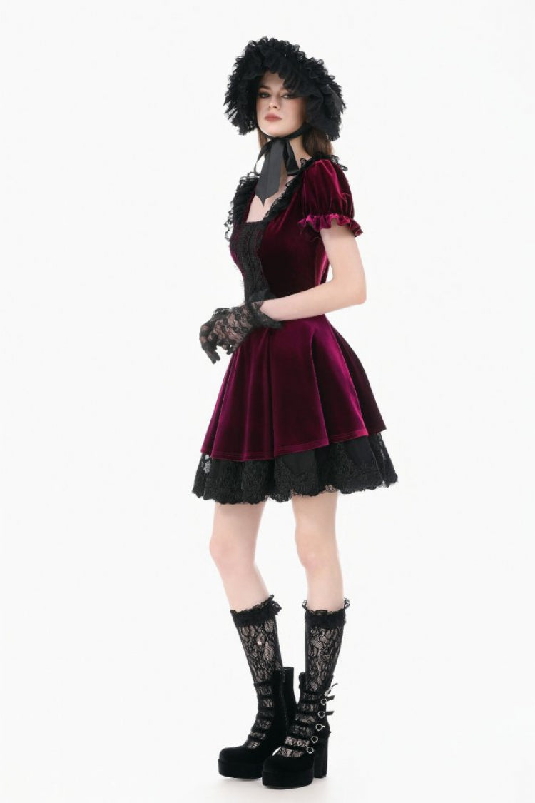 Burgundy Square Collar Short Puff Sleeve Velvet Patchwork Lace Lace-Up Gothic Dress
