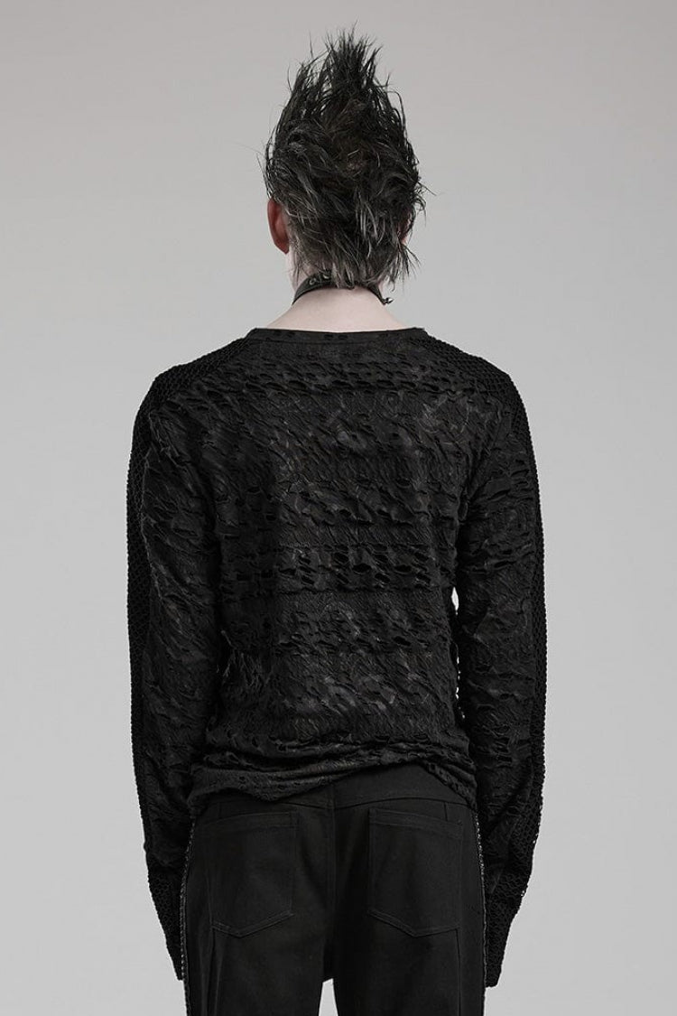 Gothic T-Shirt with Ripped Print and Stitching, Long-Sleeve Men's Tee