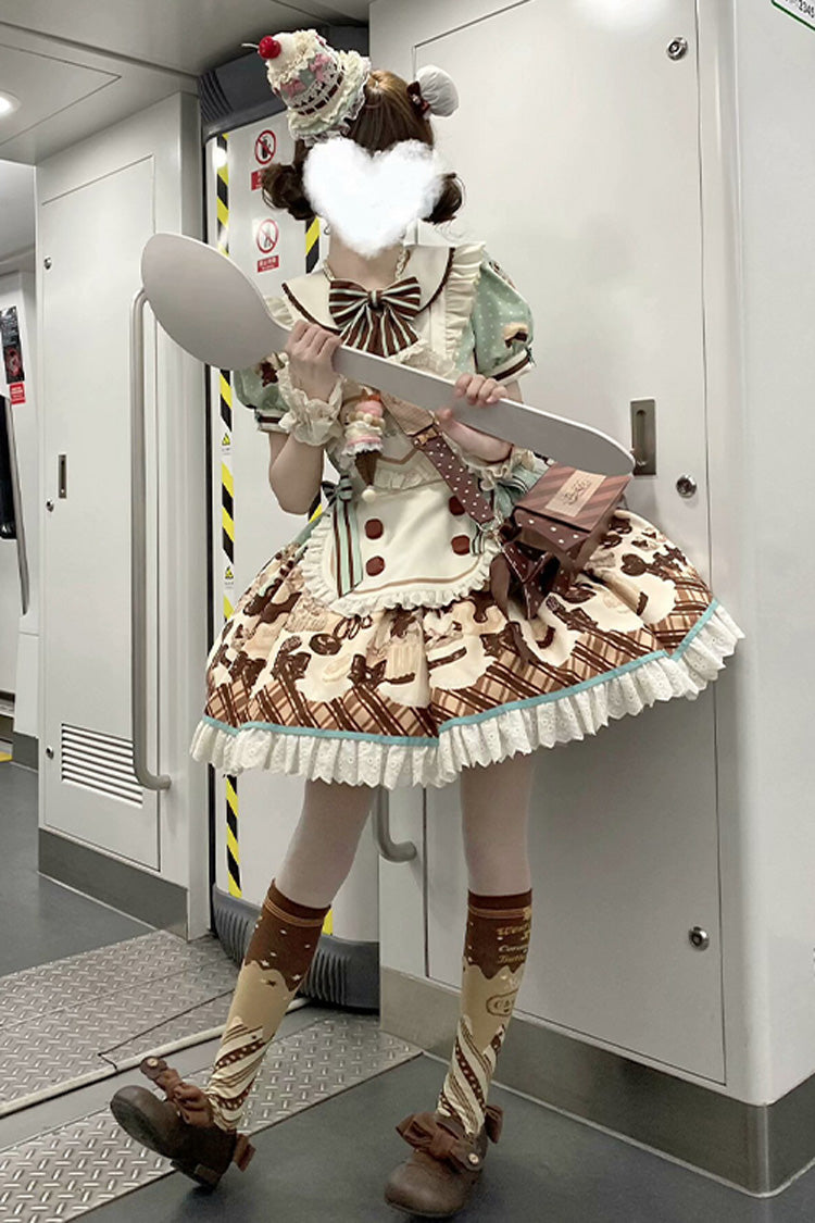 Sweet Lolita Dress with Chocolate Cake Bear Print and Lace-Up