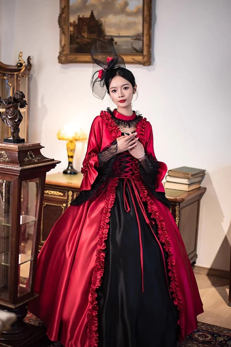 Burgundy Print Medieval Court Rococo Gothic Victorian Lolita Maxi Dress