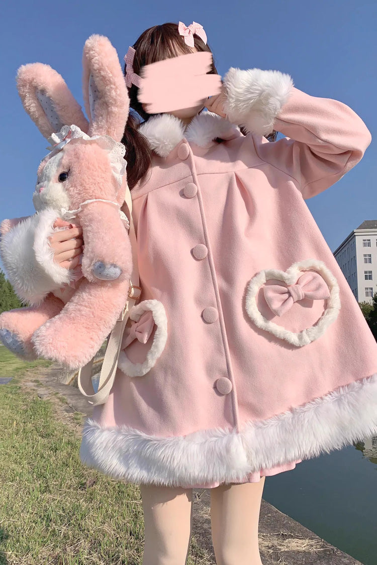 Woolen Rabbit Ears Single-Breasted Bowknot Coat, Sweet Princess Lolita Style