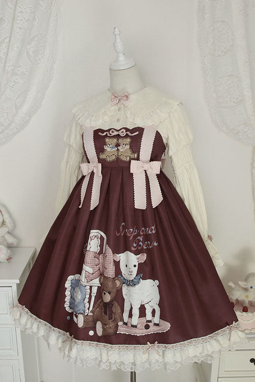 Burgundy Sheep and Bear Motif Alice Girl Bow Ruffle Sweet Lolita Jumper Dress