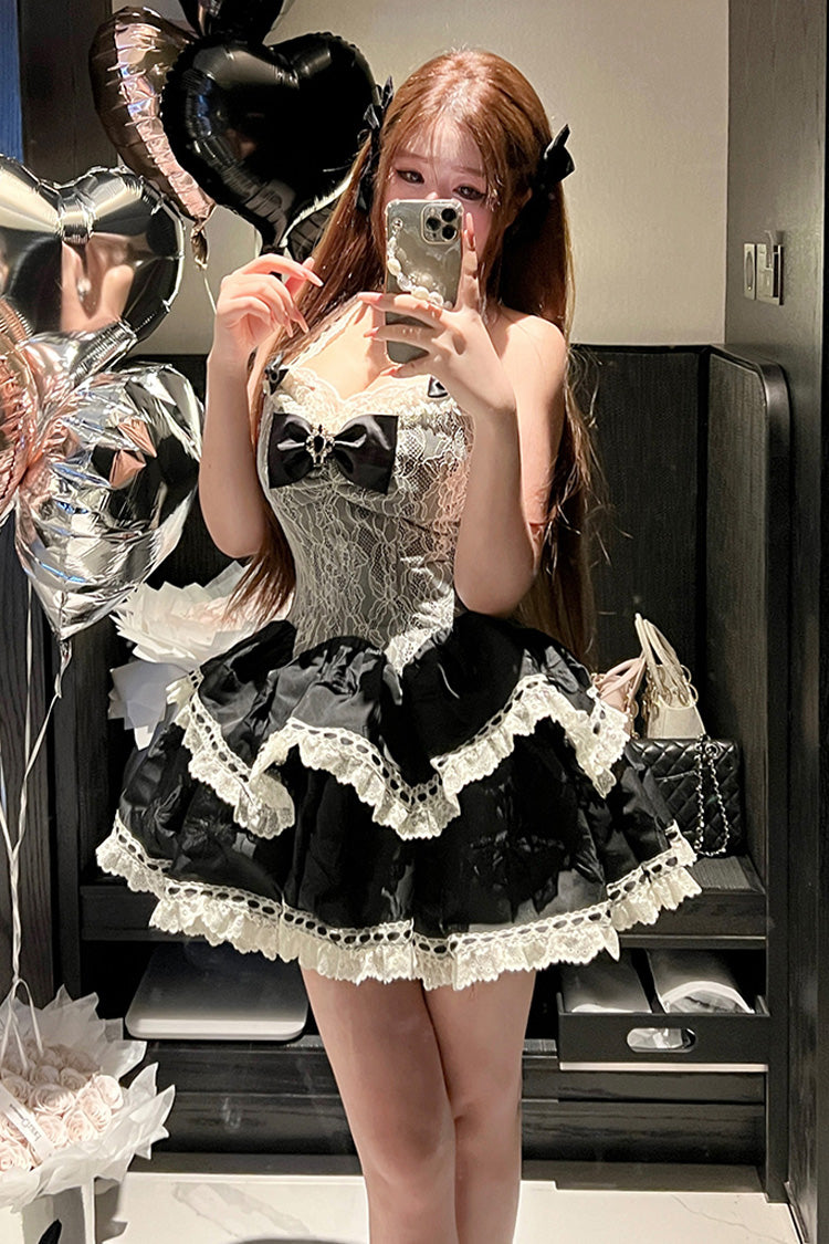 Halterneck Double-Layered Bow Lace Gothic Dress - Asking For A Kiss