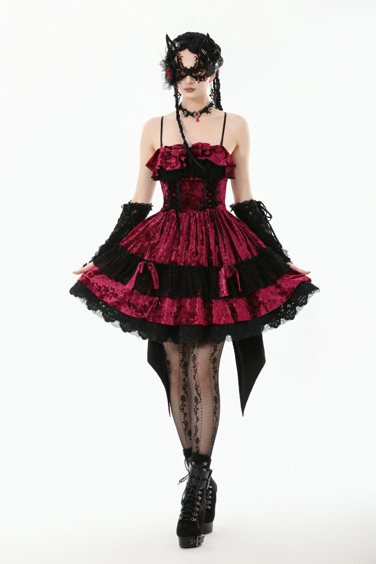 Maroon Corset Velvet Pointed-Tail Gothic Cami Mini Dress