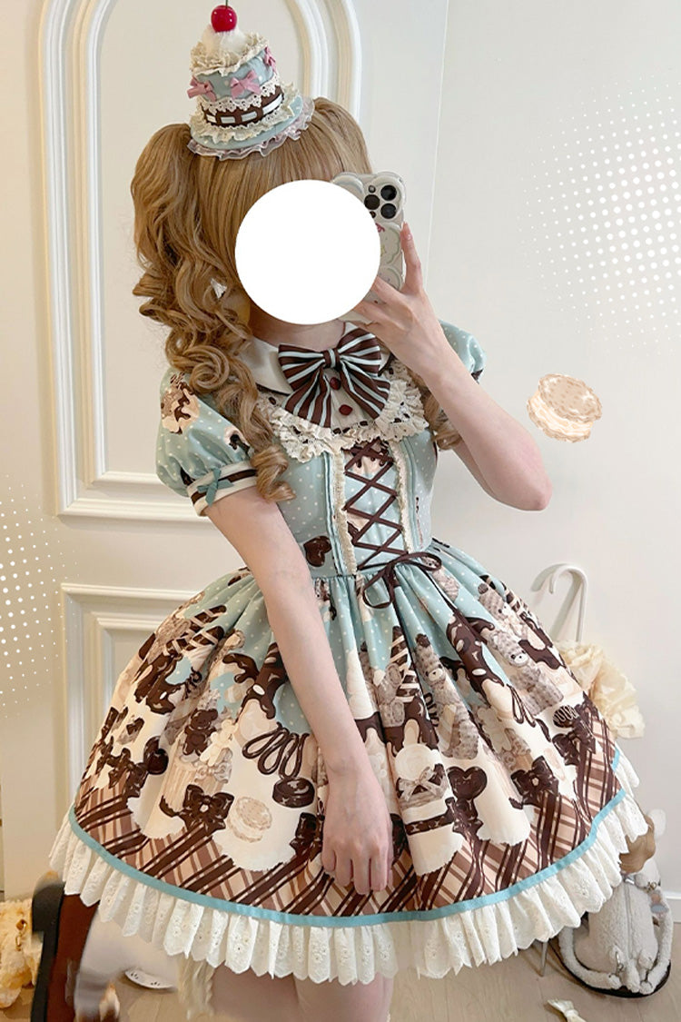 Sweet Lolita Dress with Chocolate Cake Bear Print and Lace-Up