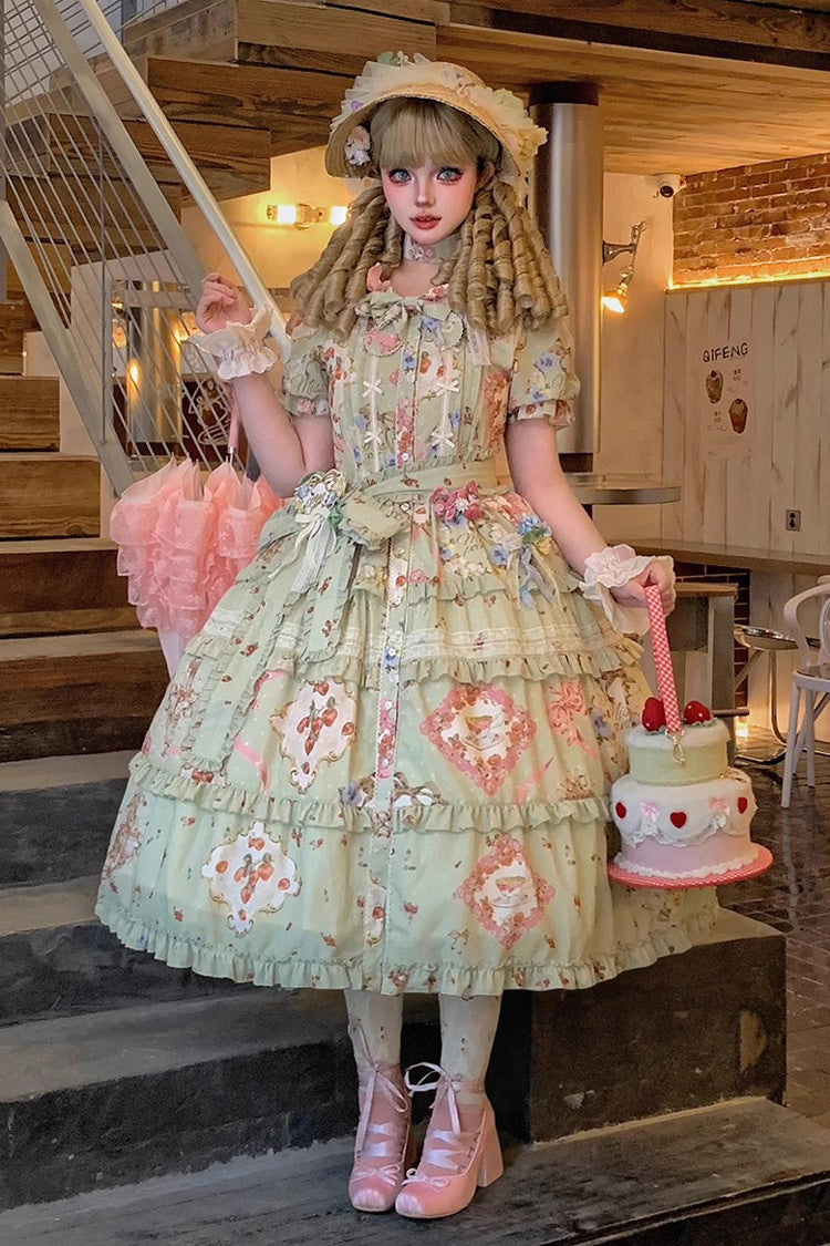 Emerald Cat Rose Tea Short Sleeve Printed Ruffle Cardigan Bow Daily Lolita Gown