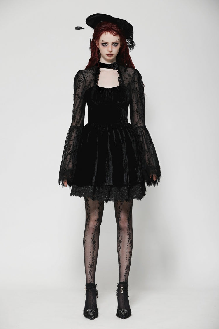 Floral Jacquard Lace-Up Mini Dress with Trumpet Sleeves and Cut-Outs