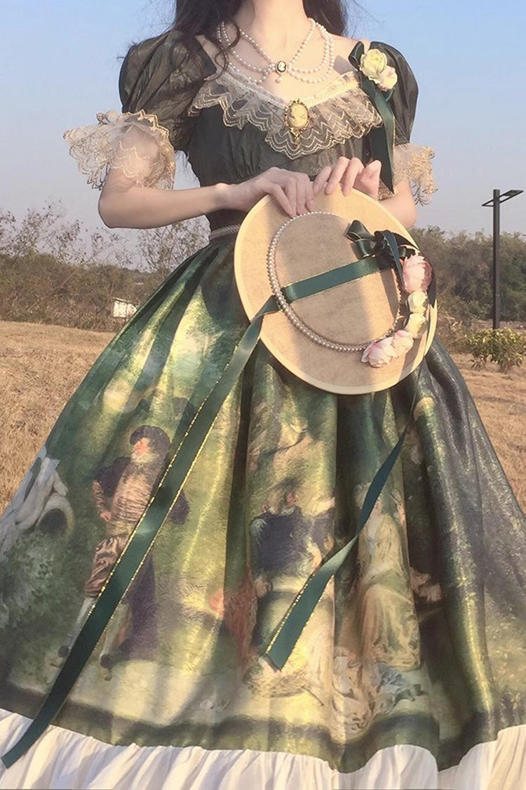 Emerald Short Sleeve Forest Dance Print Ruffle Elegant Sweet Lolita Dress