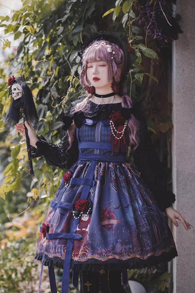 Punk Lolita JSK Dress with Church Print and Ruffles - Midnight Magic - Triple Hue