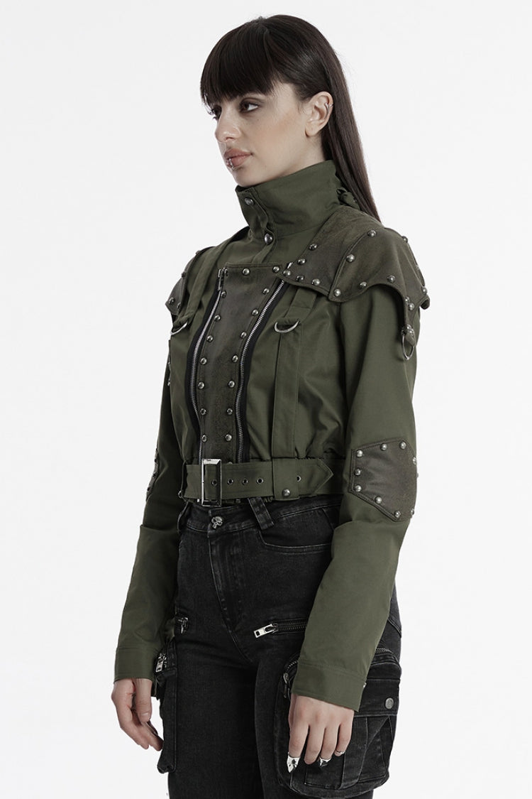 Emerald Stand Collar Long Sleeve Stitching Faux Leather Gothic Military Jacket for Women