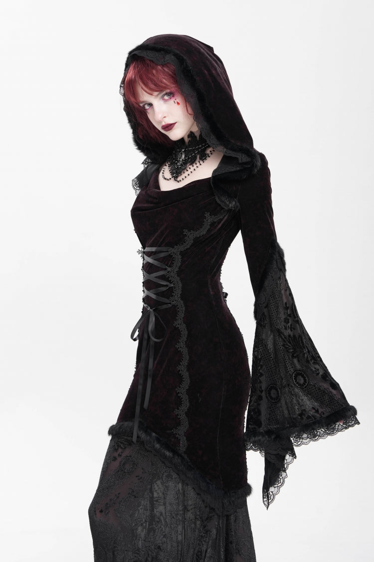 Crimson & Noir Long Flared Sleeve Embroidered Stitched Hooded Mesh Gothic Dress