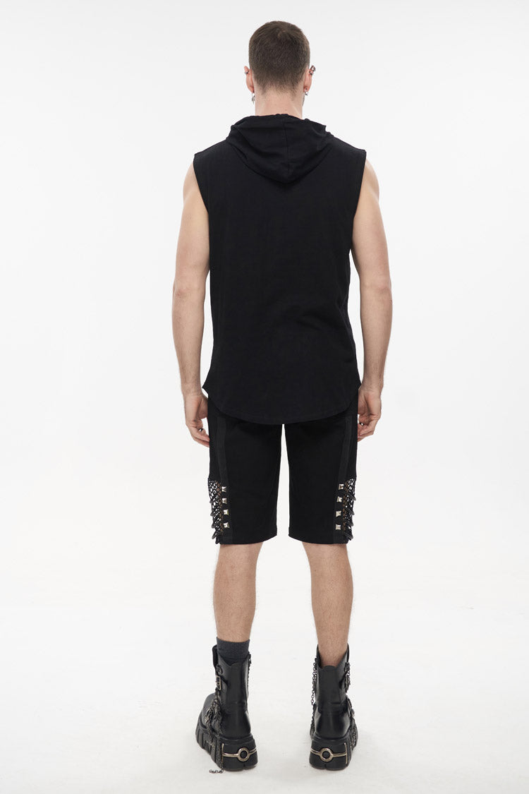 Men's Punk Sleeveless Hooded Tank Top in Irregular Black Knit Design