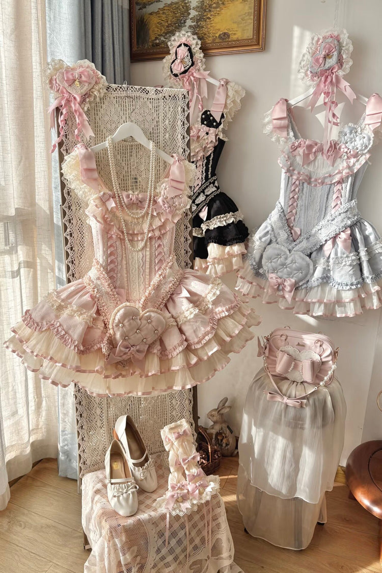 Azure Triple Ruffled Bow Lace-Up Slim Ballet Sweet Lolita Outfit