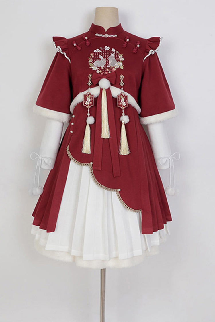 Cherry Rabbit Motif Hanfu Outfit with Long Sleeves and High Rise