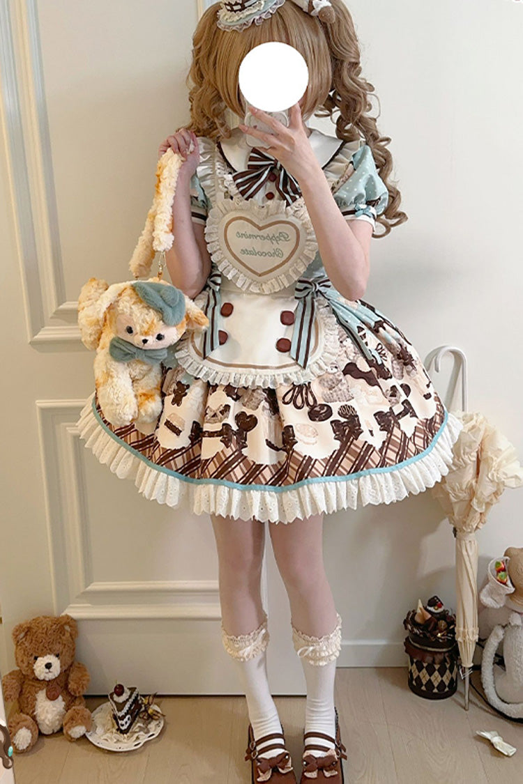 Sweet Lolita Dress with Chocolate Cake Bear Print and Lace-Up