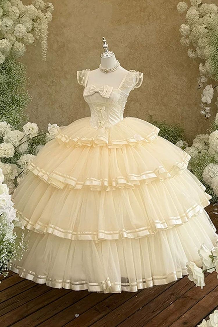 Sweet Organza Satin Sleeveless Multi-Layered Ruffled Hanayome Bow Lace Sweet Elegant Princess Lolita Jsk Dress