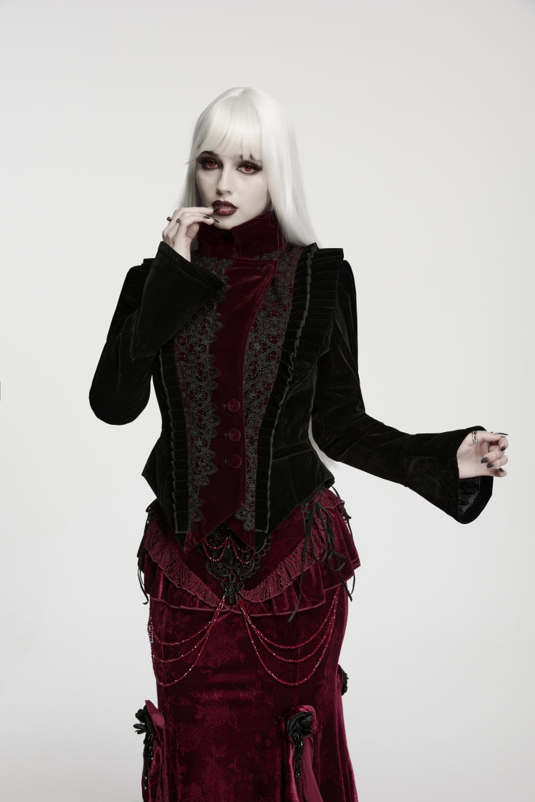 Crimson Noir Asymmetric Lace-Up Trumpet-Sleeve Royal Velvet Gothic Coat
