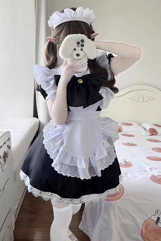Sweet Plus Size Lolita Dress Set with Ruffles and Bowknot - Maid Style - Two Tones