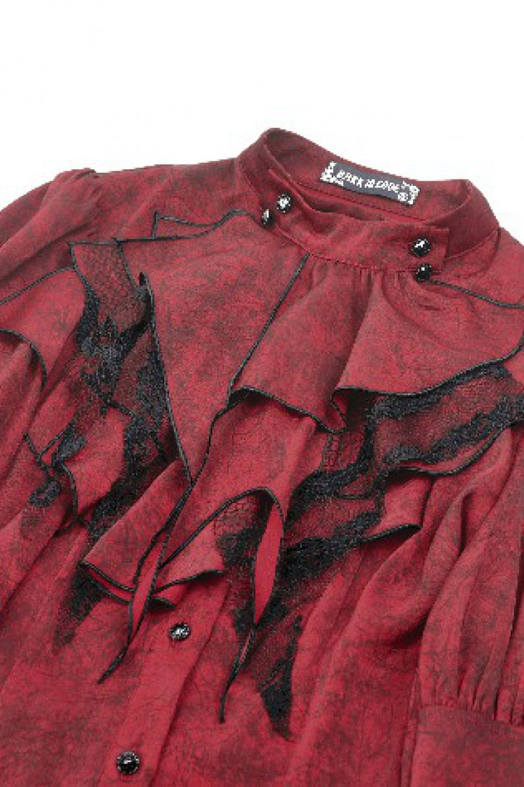 Crimson Gothic Blouse with Frilly Lace and Long Hime Sleeves