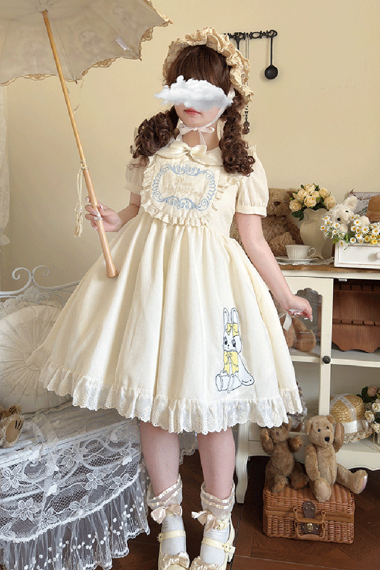 Sweet Dream Bunny Doll Collar Short Sleeves Ruffle Embroidery Bowknot Sweet Plus Size Lolita Dress
