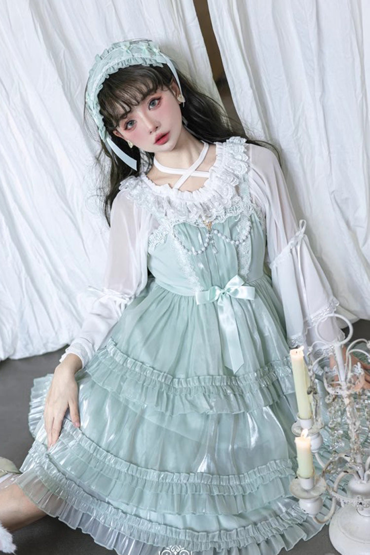 Emerald Starry Gauze Love Song Triple Ruffle Bow Sweet Lolita Tiered JSK Dress