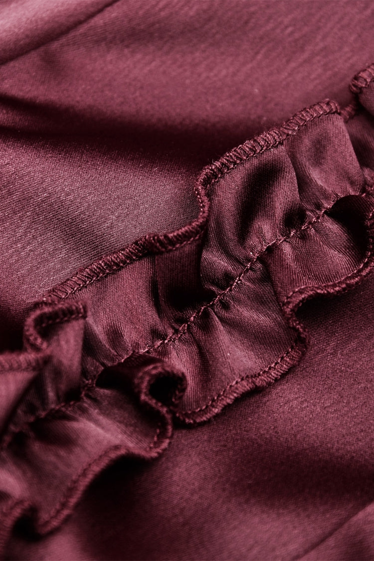 Burgundy Point Collar Short Puff Sleeve Ruffled Gothic Elegant Women's Blouse