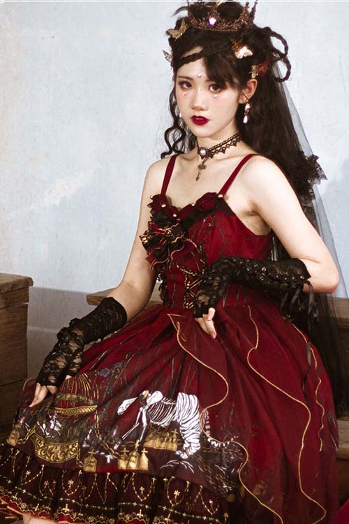Burgundy Sheer Gothic JSK with Forest Print