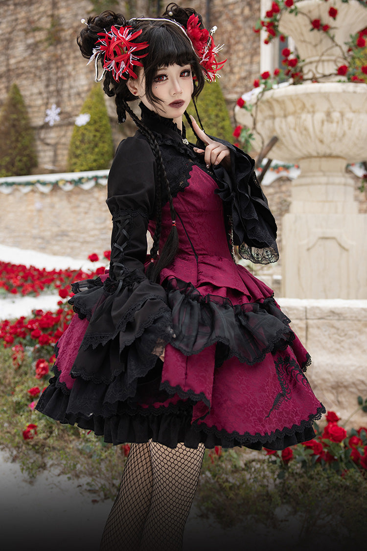 Crimson & Noir Multi-Layer Ruffled Bow Lace Asymmetric Gothic Lolita JSK Dress