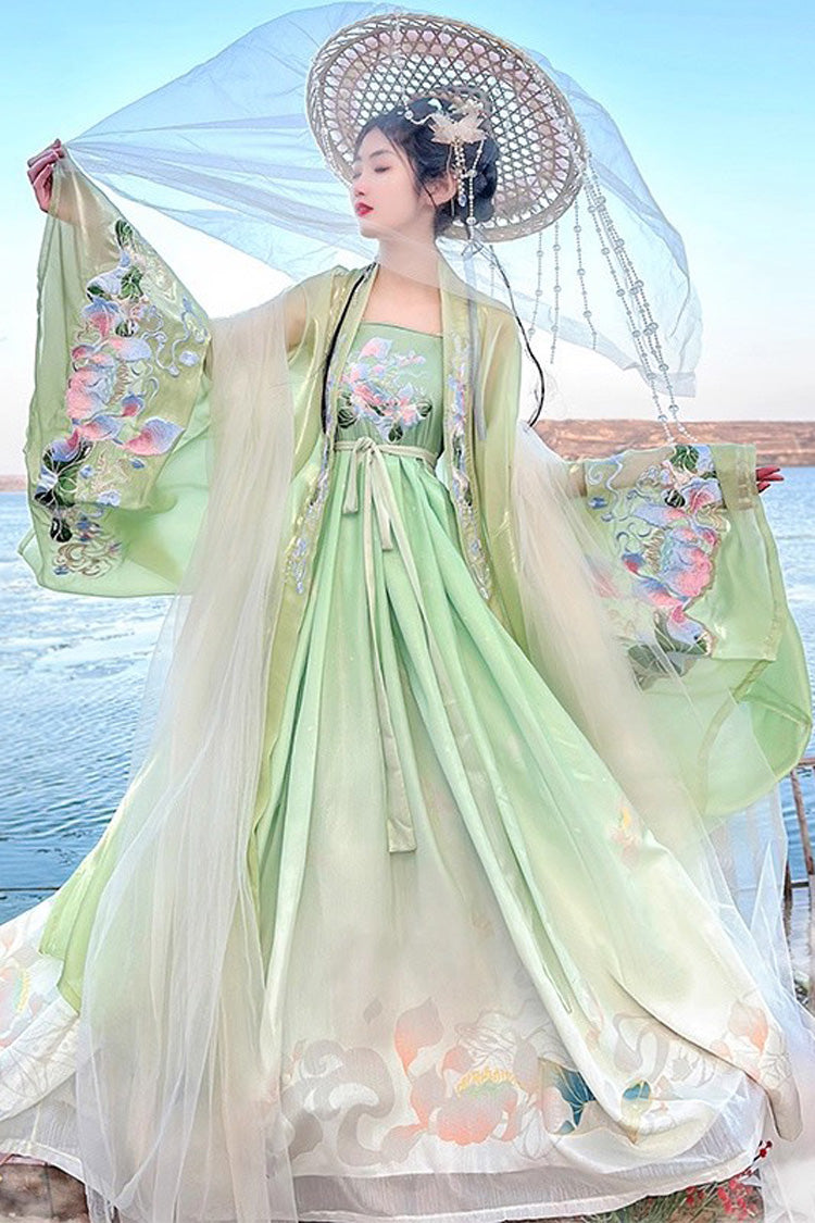 Emerald Tang Dynasty Long Trumpet Sleeve Print Embroidered Sweet Hanfu Gown