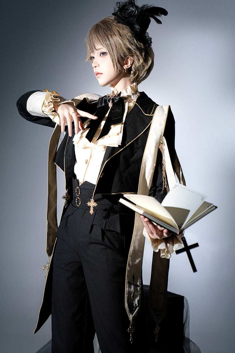 Ouji Lolita Swallowtail Coat with Print, Long-Sleeve Princely Gothic Jacket