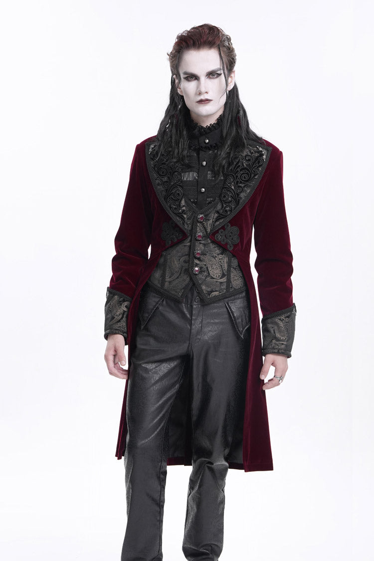 Burgundy Long Sleeve Button Floral Embroidery Gothic Men's Jacket