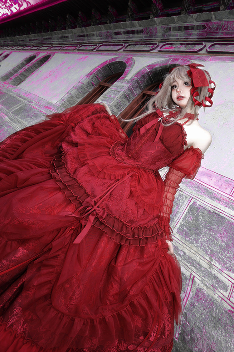 Burgundy Cross-Strap Bow Lace Princess Gothic Lolita Gown