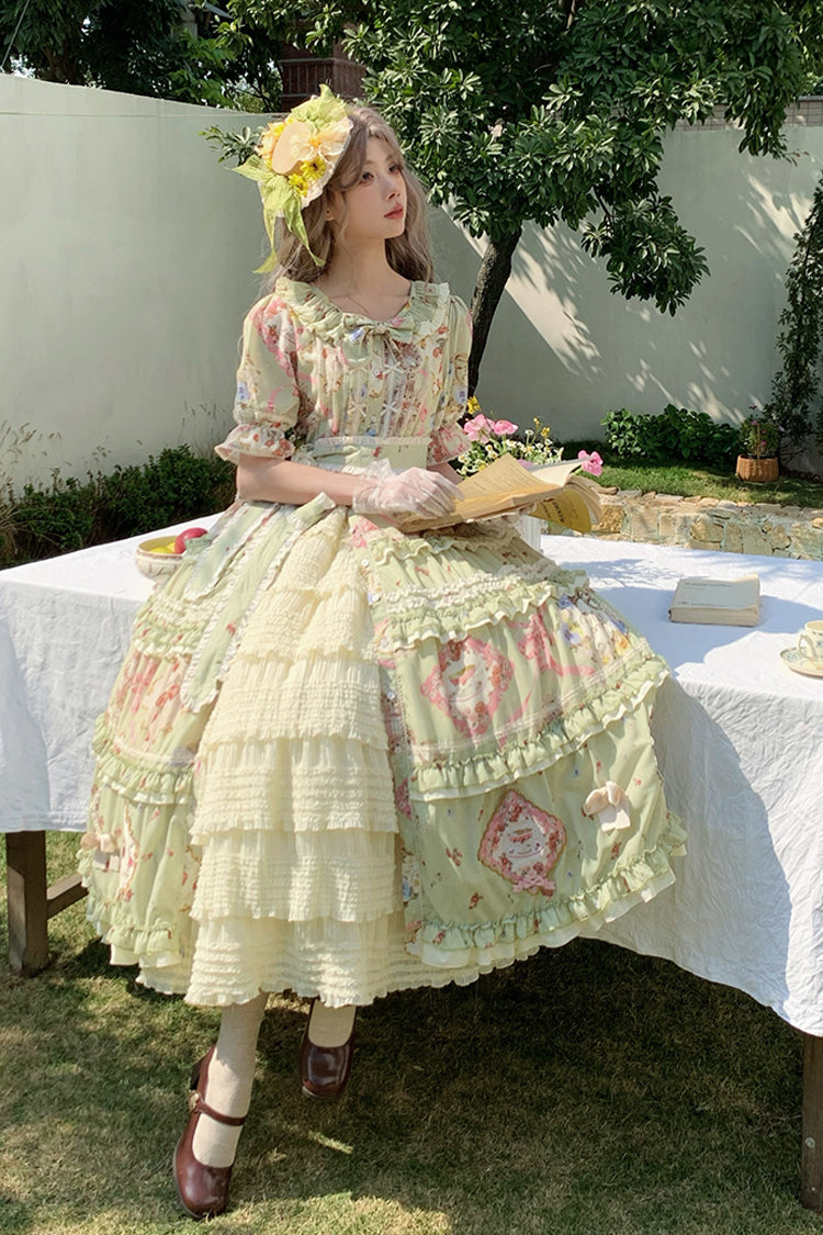 Emerald Cat Rose Tea Short Sleeve Printed Ruffle Cardigan Bow Sweet Lolita Gown