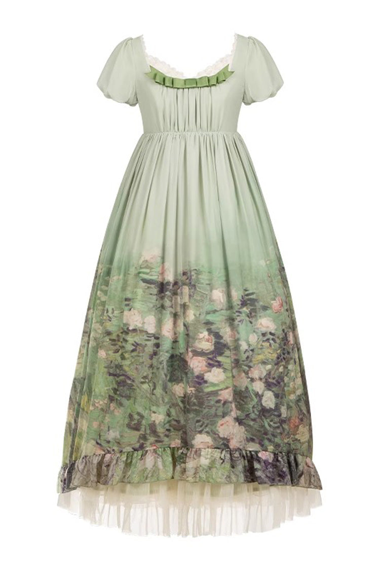Emerald Blooming Roses Oil Painting Chiffon Short Sleeve Ruffle Bow Sweet Lolita Gown
