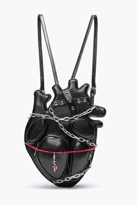 Gothic Lolita Backpack with Creative Heart, Chain and Binding Strap Details