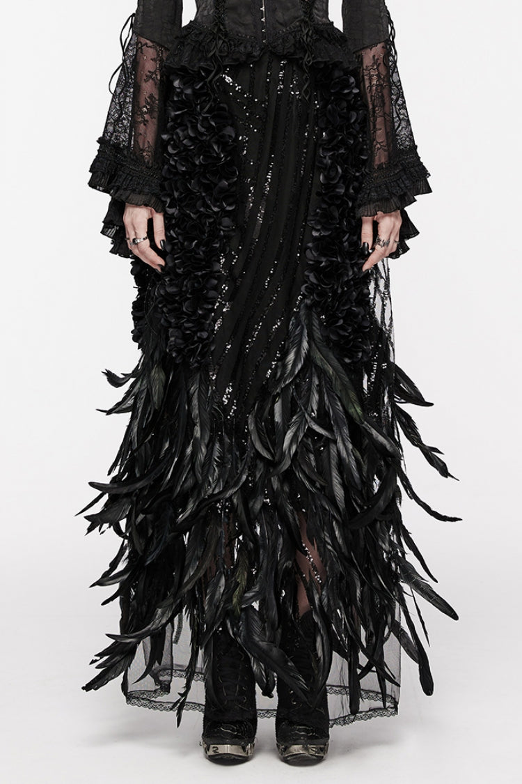 Gothic Skirt with Sequin and Feather Details for Women - Noir