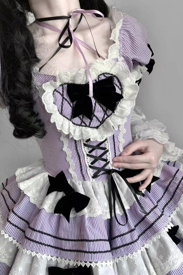 Sweet Lolita JSK with Striped Ruffle Bowknot and Lace-Up Front